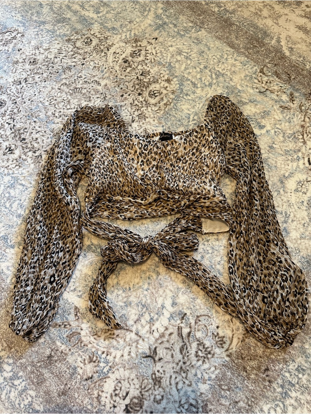 Japna Beige and Black Leopard Tie-Front Long Sleeve Crop Top